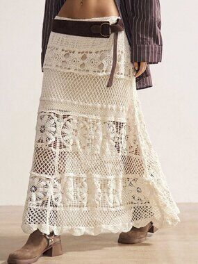 Bohemian Crochet Midi Skirt - Cream